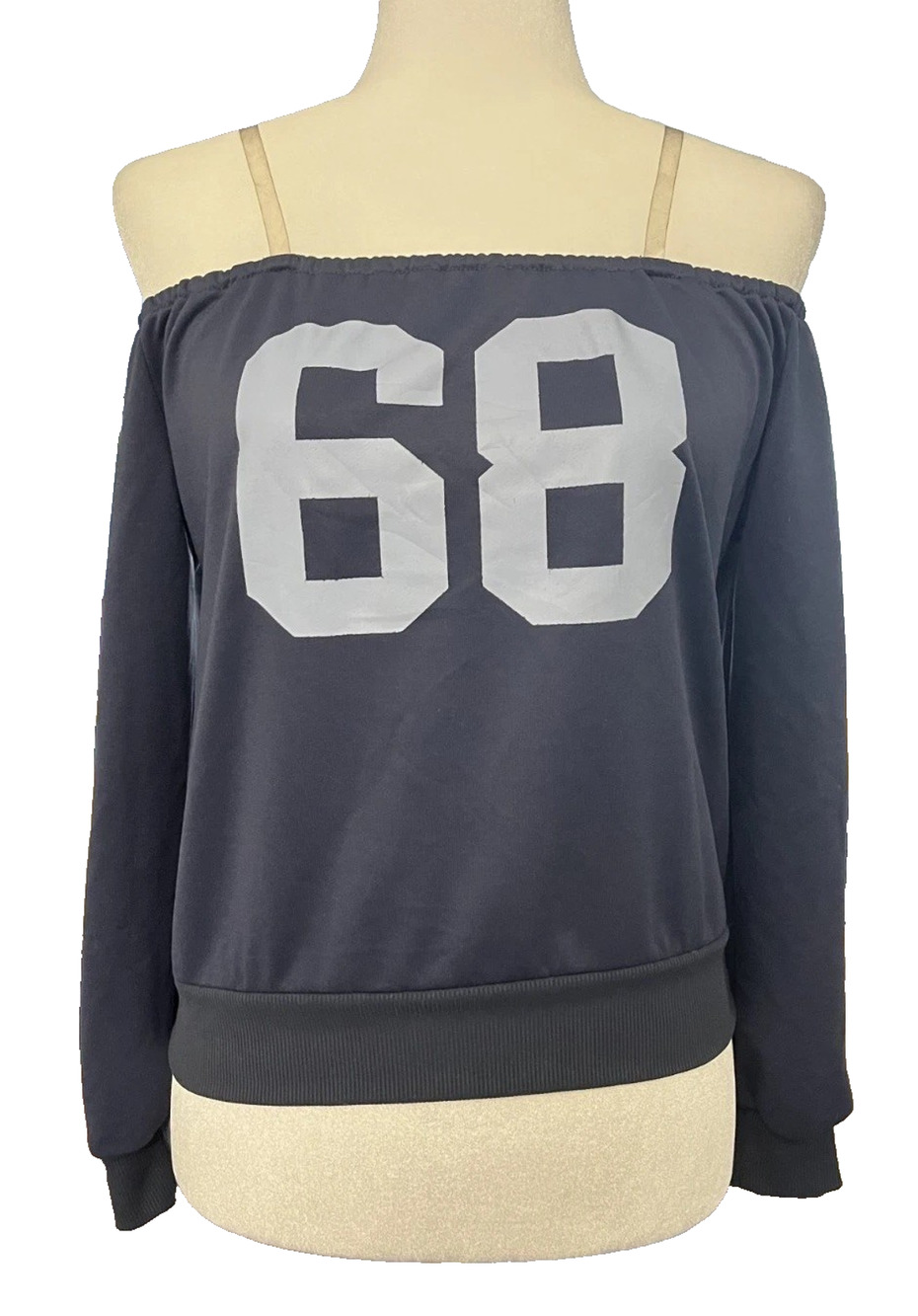 Juniors Girls Size 11Y Unbranded Navy Blue Off Shoulder Long Sleeve "68" Preppy